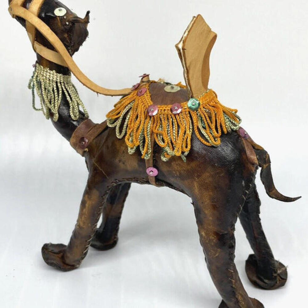 Vintage Nativity Figure Camel 7" Leather‎ Wrapped with Saddle Tassels Sequins